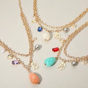 NEW Natural Stone Pearl Coin Stone Cluster Charm Layered Necklace Gold Dipped